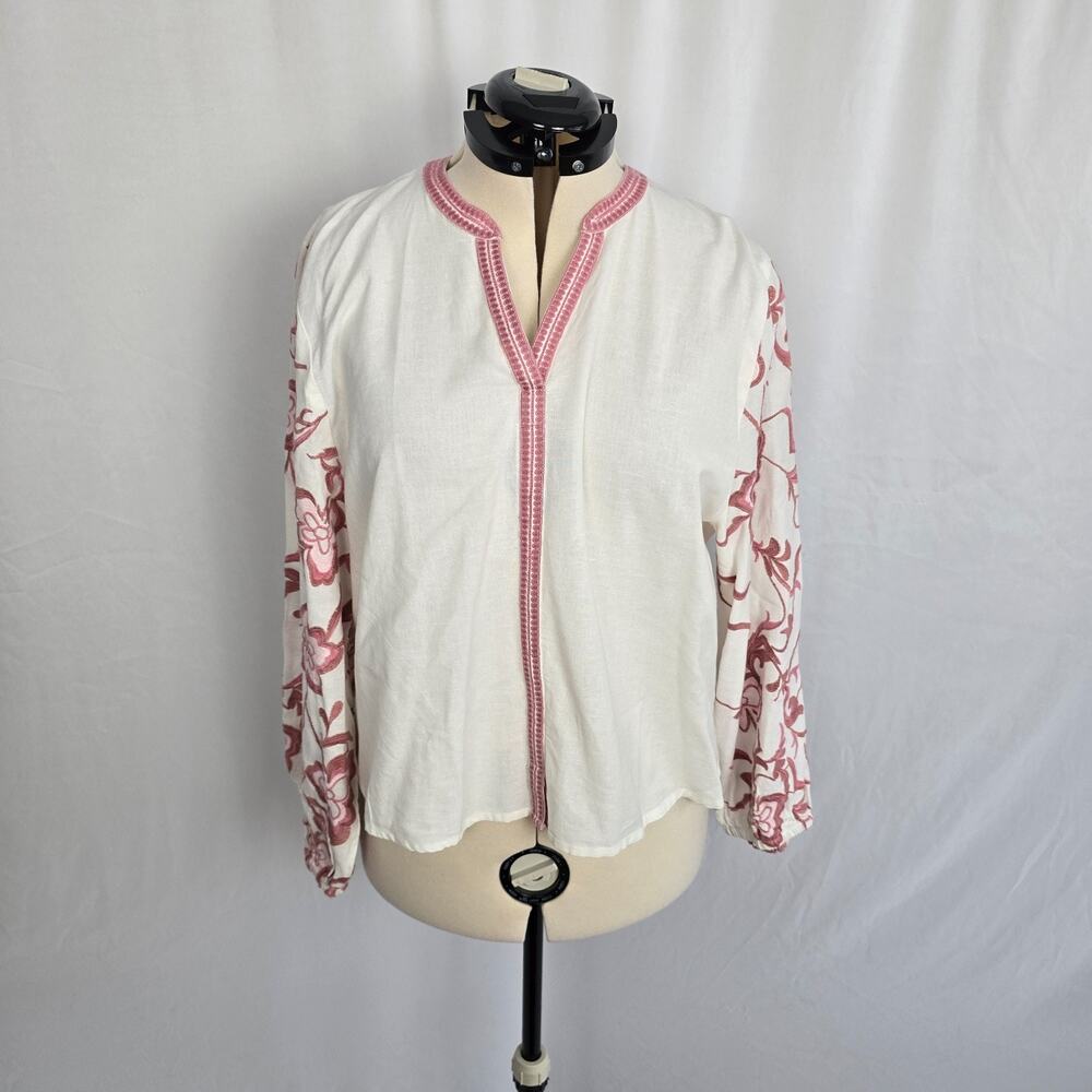 Calypso St. Barth Blouse Women's XL White w/ Pink Embroidery
